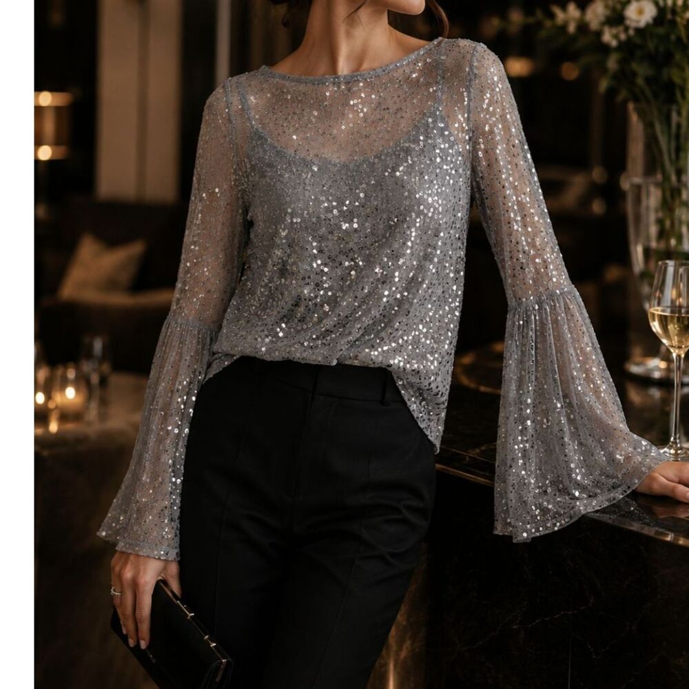 NC International Concepts Gray Sequin Mesh Bell Sleeve Cocktail Party Top M NWT